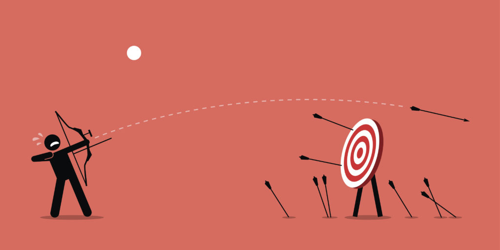 Man desperately trying to shoot arrows with bow to hit the bullseye but failed miserably. Vector artwork depicts failure, inaccurate, missing, and lousy.