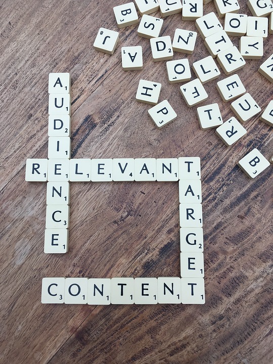Scrabble pieces spelling "Audience" , "Relevant" , "Content" 